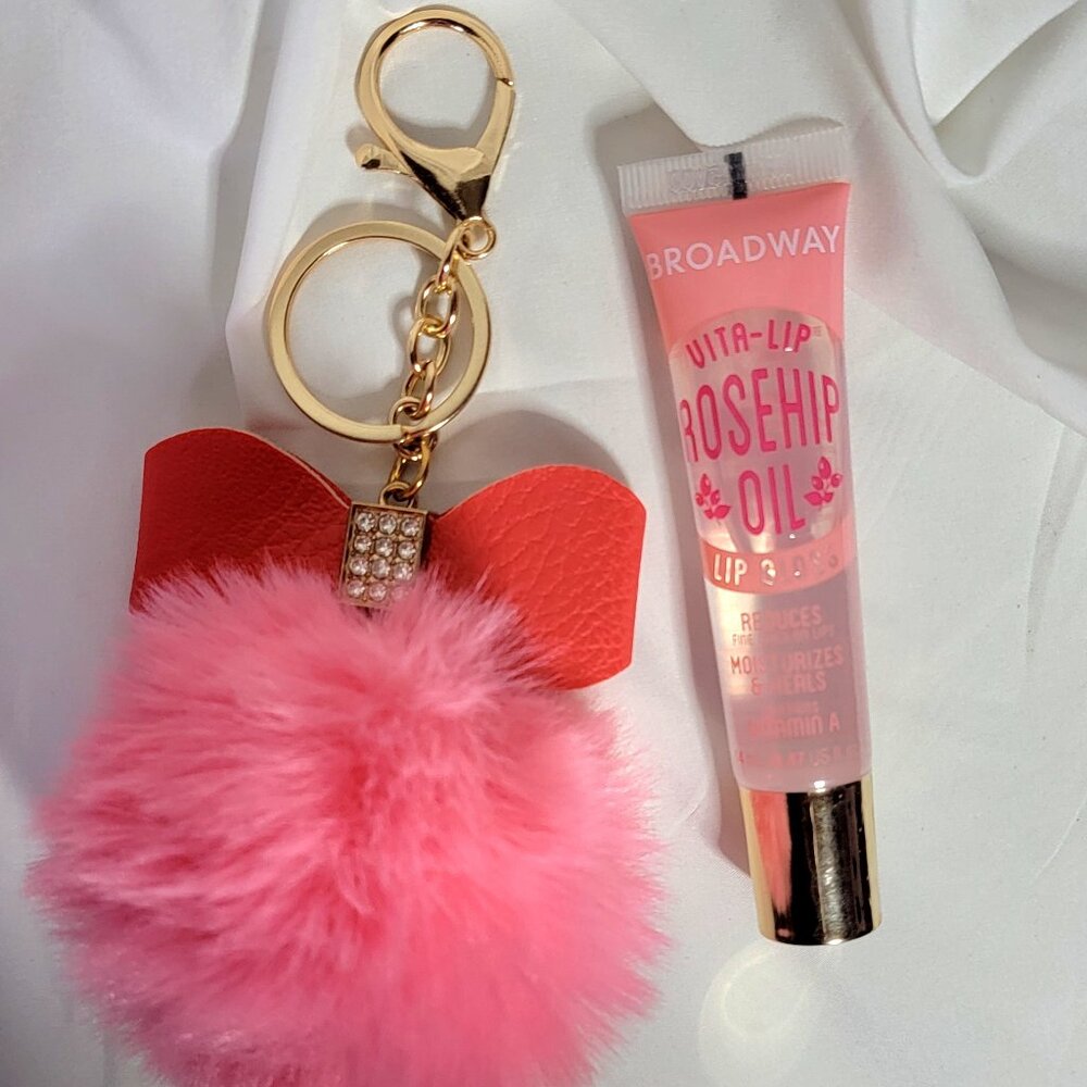 Bundle ~ Pink Pompom Bow Bag Charm/Keychain, Rosehip Oil Lip Gloss, NEW